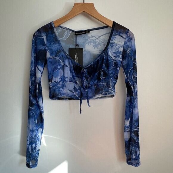 Brand New Pretty Little Thing Women’s 4 Blue Dragon Print Long Sleeve Crop Top - Picture 13 of 13